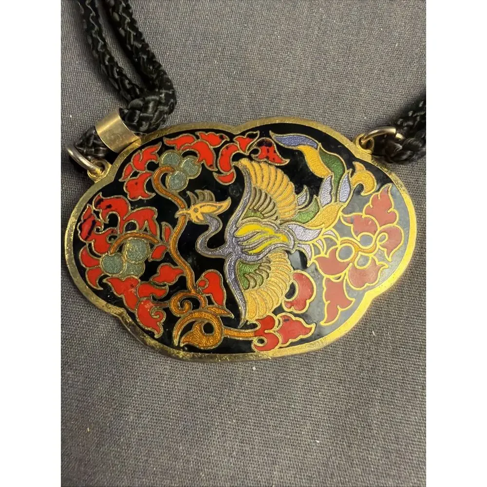 Vintage Cloisonné Brass Bird Pendant on Black Cord